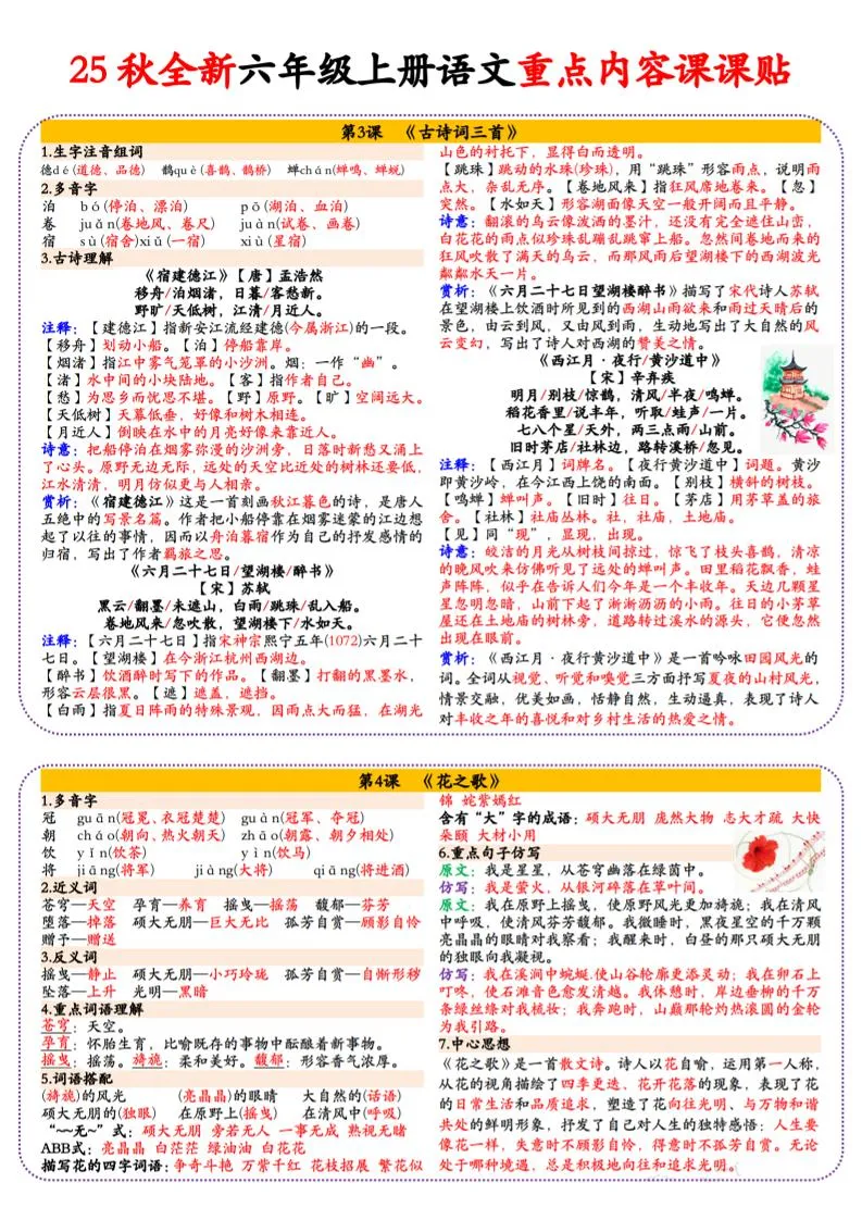 25秋全新六年级上册语文重点内容课课贴（18页）-学海库