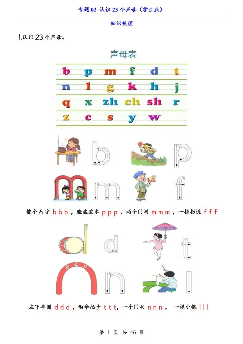 一上语文-专题02认识23个声母（知识+训练）