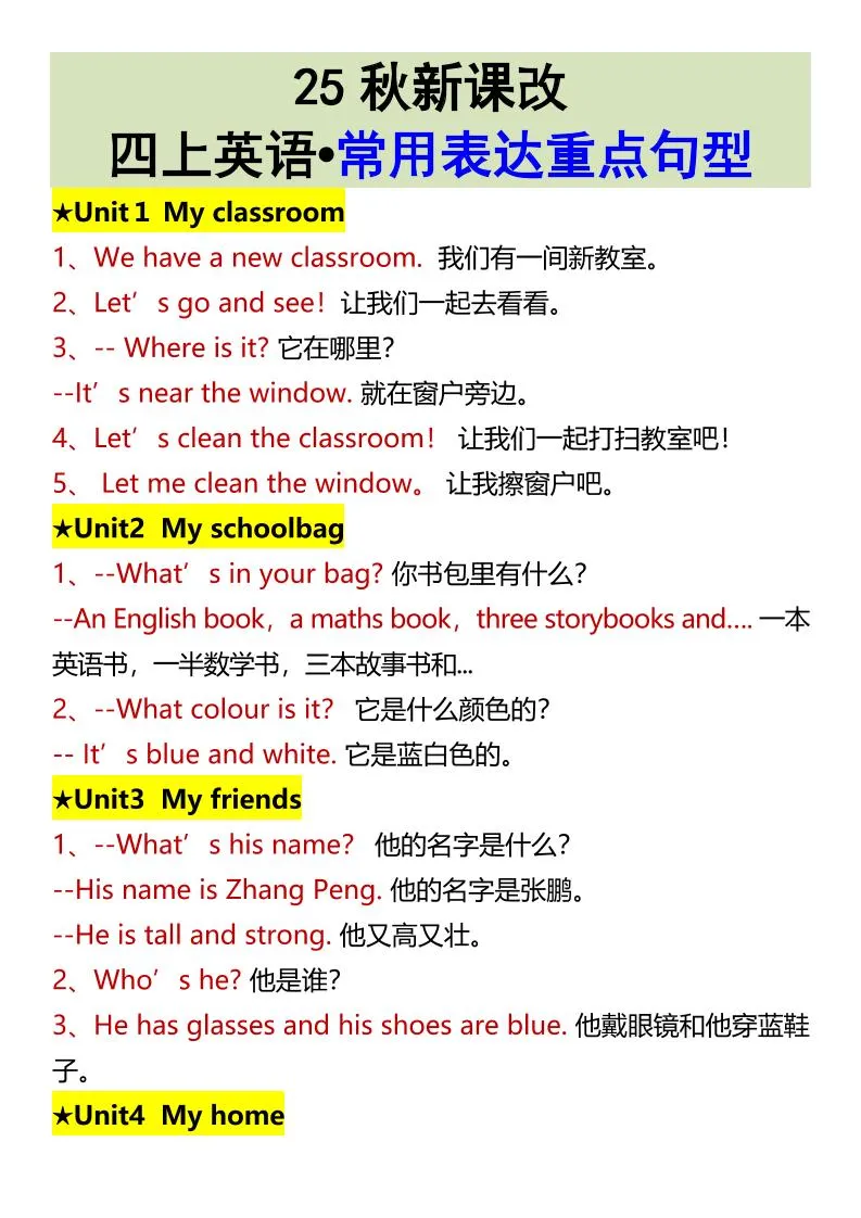 【2025秋新版】四上英语•常用表达重点句型