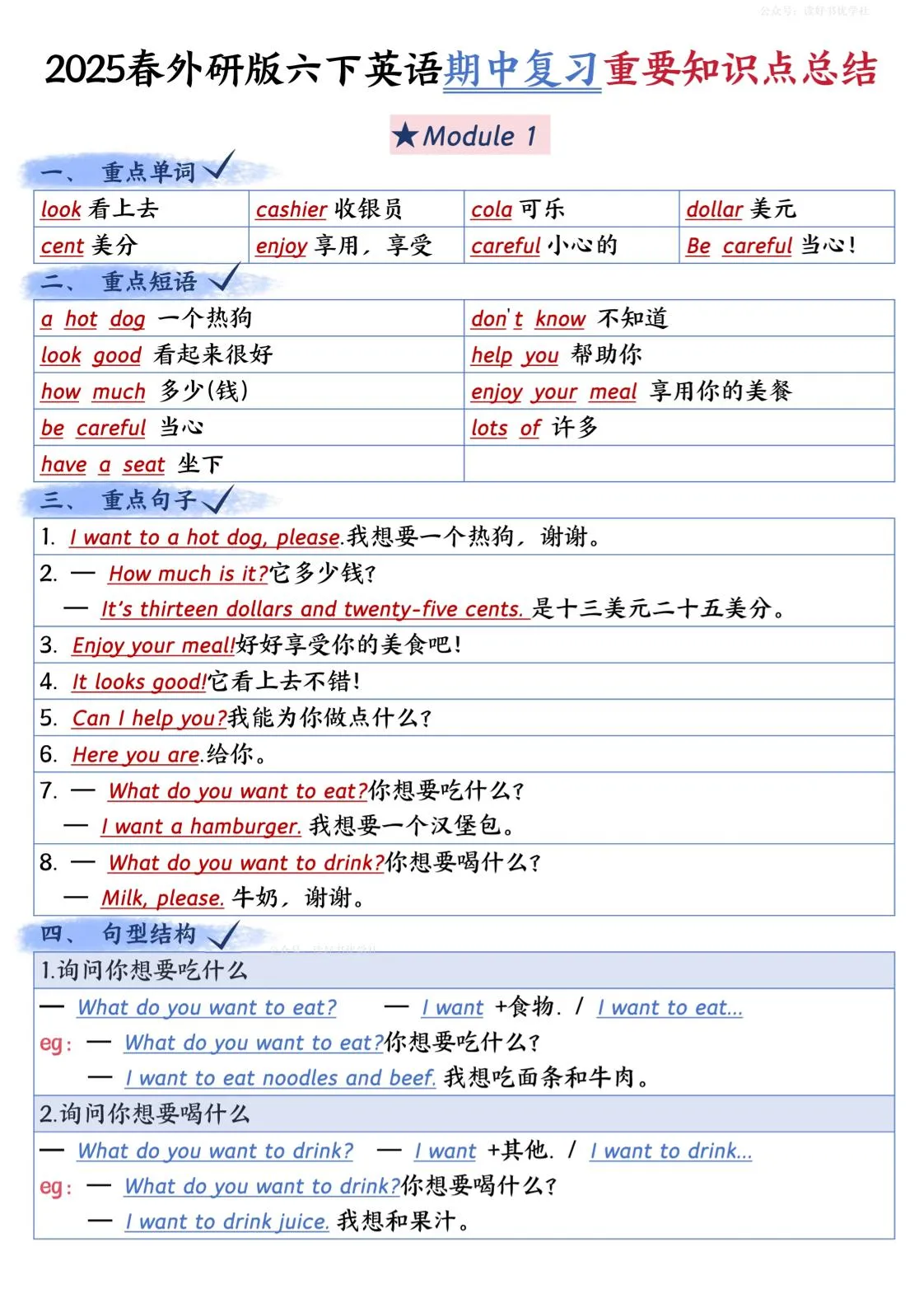 六下英语外研期中知识梳理